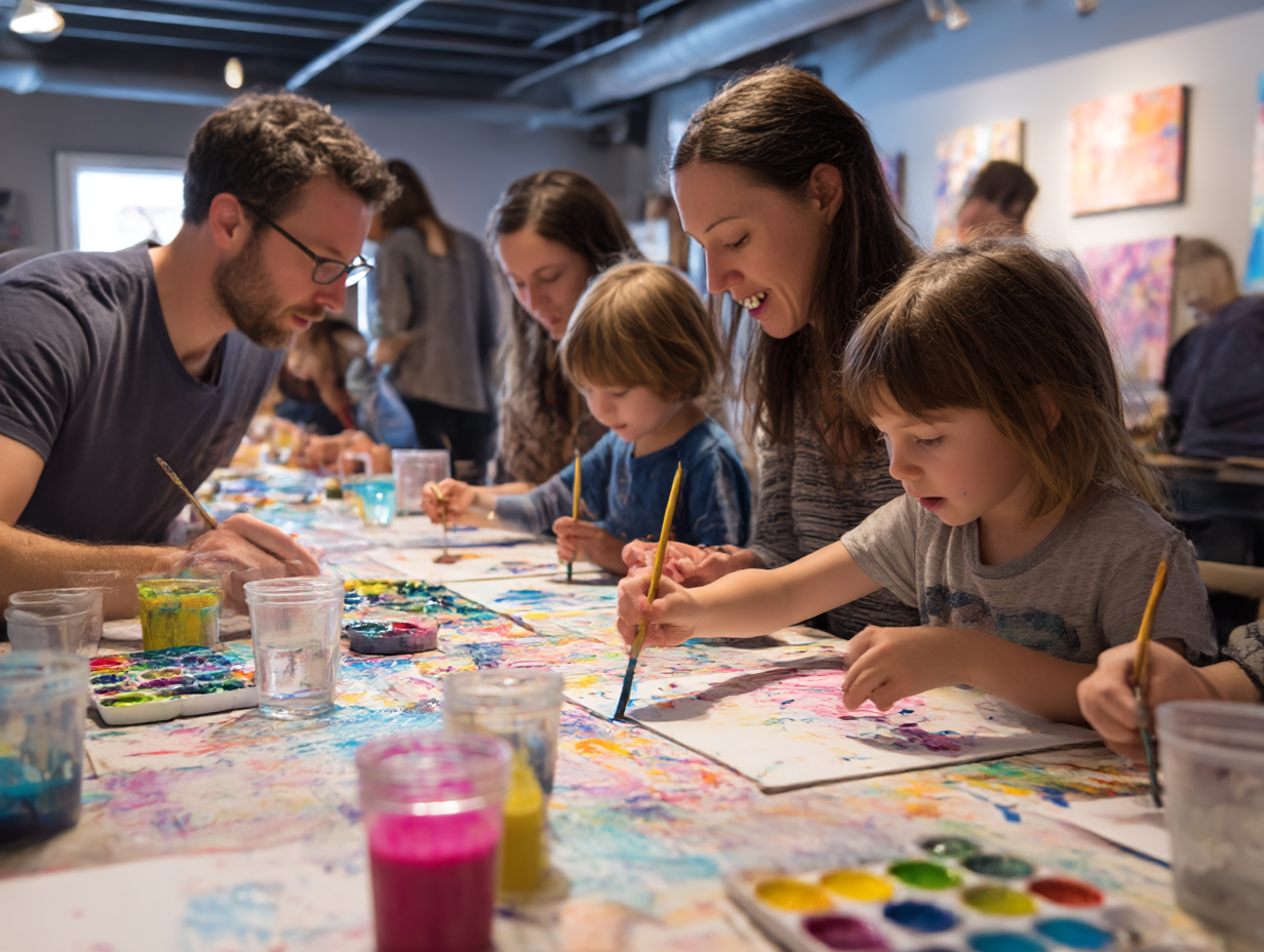 Family participating in an arts workshop